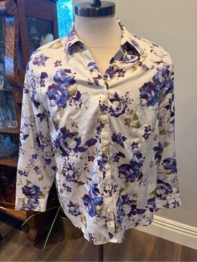 Chico's White Blouse with Purple Floral Print Sz3=16/18